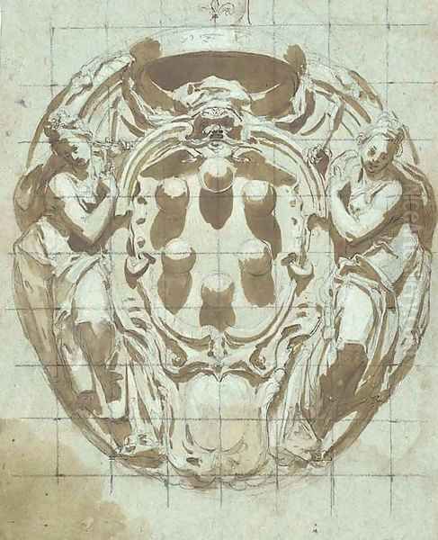 An elaborate cartouche with the Medici arms flanked by figures of Justice and Wisdom - view 1