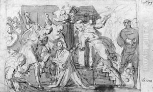 A kneeling Saint speared by three Tormentors