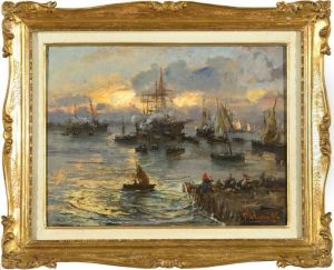 Velieri Nel Porto Di Genova by Pompeo Mariani