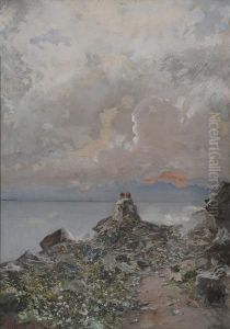 Amanti Sullo Scoglio A Bordighera by Pompeo Mariani