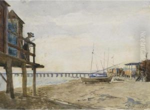 Sulla Spiaggia A Bordighera by Pompeo Mariani