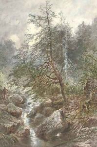 An angler by a waterfall by William Henry Pike