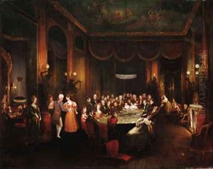 Figures playing baccarat in a gaming room