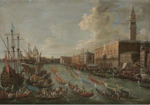 The Ducal Palace Seen From The Bacino, Venice With A Processionof Gondolas by Michele Marieschi