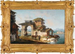 Capriccio Mit Reitern Voreinem Haus Mit Antikem Torbogen In Einer Flusslandschaft