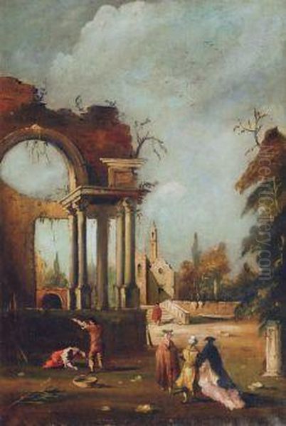 Landschaft Mit Tempelruine, Kirche Und Figuren - view 1