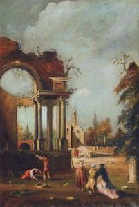Landschaft Mit Tempelruine, Kirche Und Figuren Landschaft Mit Tempelruine, Kirche Und Figuren