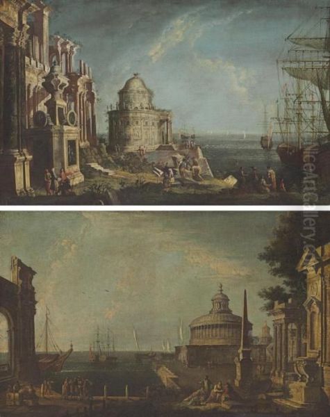 A Capriccio With A Temple And
Elegant Figures By A Harbor; And Acapriccio With The Mausoleum Of
Hadrian And An Obelisk With Figureson A Quay - view 1