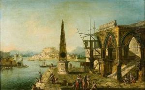 Caprice Avec Portique Gothique Et Obelisque