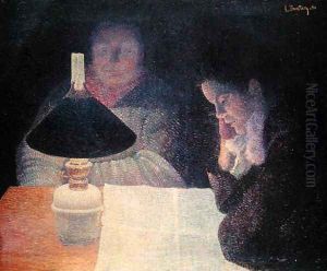 Reading under the Lamp, 1890 by Leon Pourtau