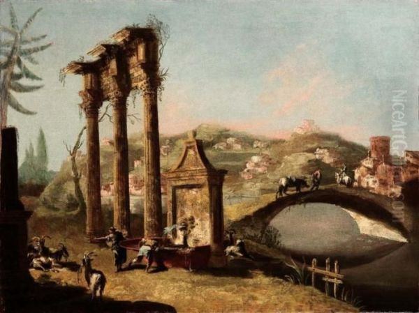Paesaggio Con Fontana E Ruderi Di Colonnato, Gregge, Pastori, Ponte E Villaggio - view 1