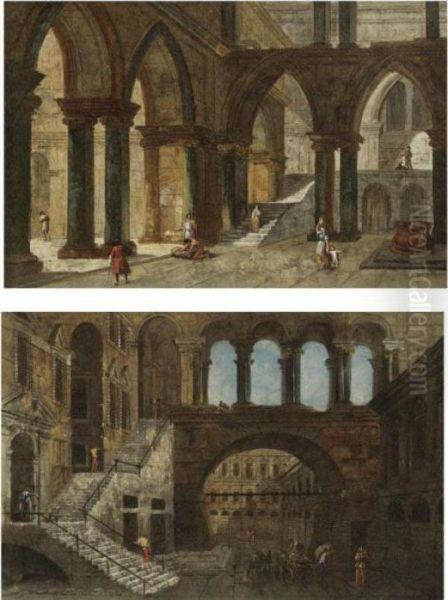 Architectural Fantasy With
Gothic Arches; Architectural Fantasy With A Staircase In An Open
Courtyard - view 1