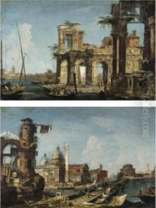 Capriccio Architettonico Con
Porticato E Figure Su Imbarcazioni;capriccio Architettonico Con Chiesa
Palladiana Con Cupole E Torre by Michele Marieschi