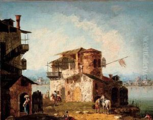 A Capriccio With Rustic Houses And Figures On Horseback by Michele Marieschi