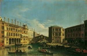 Venezianische Vedute Mit Der Von Norden Gesehenen Rialtobrucke.