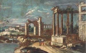 A Capriccio Of Classical Ruins With Peasants On A Track
