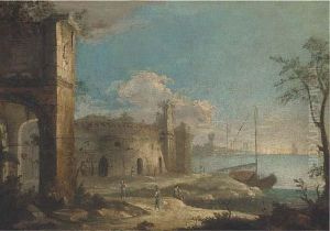 A Capriccio Coastal Landscape With Ruins And Figures by Michele Marieschi
