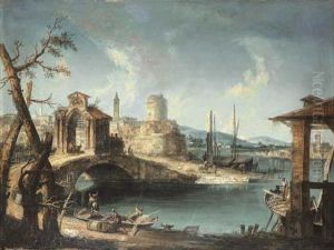 A Capriccio Of A Mediterranean Coastal Town With Fishermen By Abridge