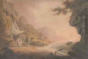 Children before a rustic cottage by William Payne