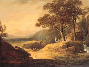A cowherd and cattle on a track in a mountainous landscape