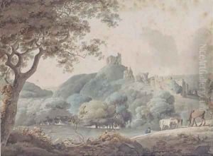 Horses grazing in a rural landscape with castle ruins beyond by William Payne