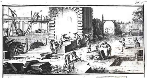 Stonemasons at work, engraved by Lucotte - view 1