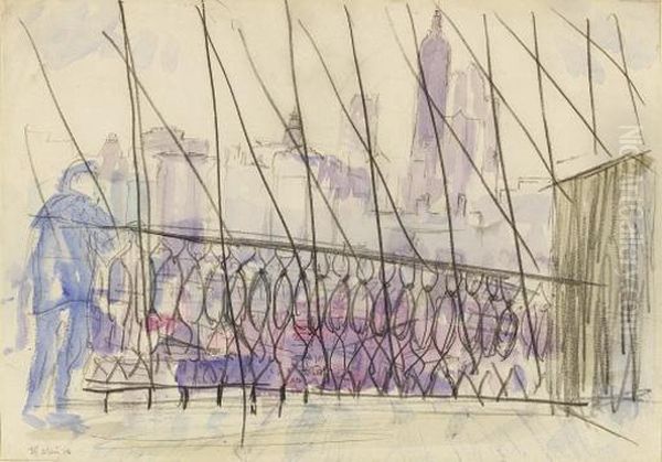 Brooklyn Bridge Series, Figure Leaning On Railing - view 1