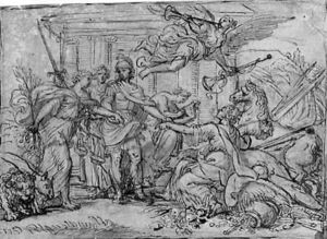 A General with Allegories of Force and Abundance, surrounded by Justice and History, Fame flying over by Giuseppe Passeri