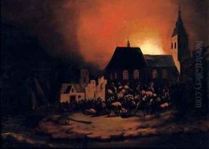 A burning village at night by Adriaen Lievensz van der Poel