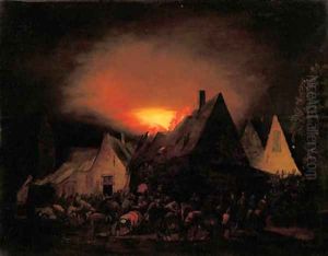 A townhouse ablaze with villagers trying to rescue