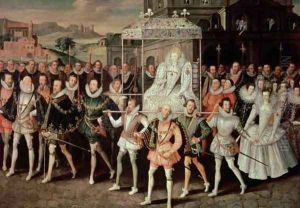 Queen Elizabeth I 1533-1603 being carried in Procession Eliza Triumphans c.1601 by Robert Peake