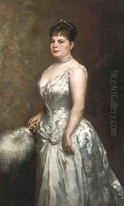 Portrait of an elegant lady wearing a white evening dress by Fritz Paulsen