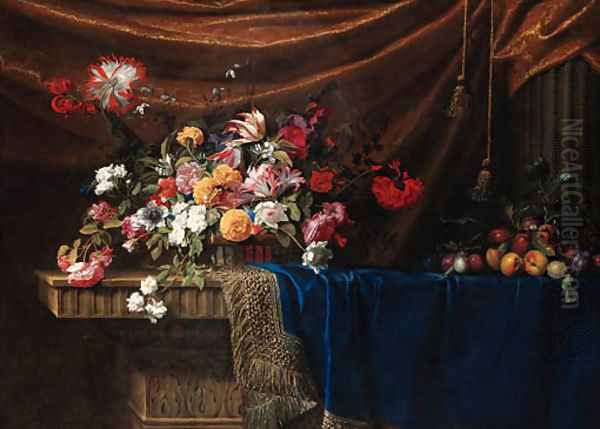 Tulips, roses, lilies, carnations, morning glory and other flowers in a basket, plums on a branch with a snail and peaches on blue velvet - view 1