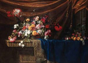 Tulips, roses, lilies, carnations, morning glory and other flowers in a basket, plums on a branch with a snail and peaches on blue velvet