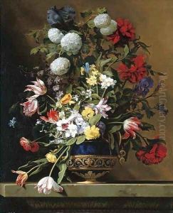 Chrysanthemums, tulips, irises, peonies and other flowers in a lapis vase with gilt ormolu on a sculpted stone ledge