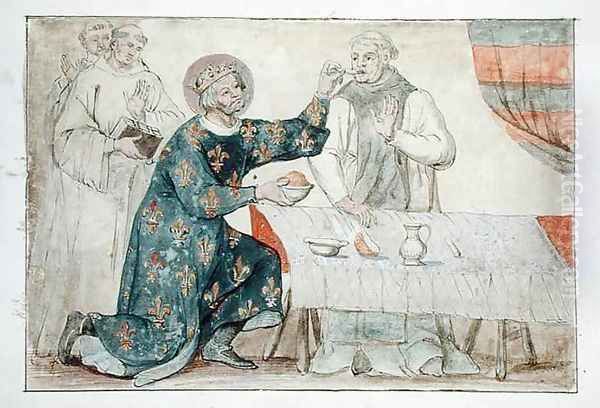 Ms 1779 fol.81 St. Louis feeding a miserly monk, from Memoires pour la Vie de Saint Louis - view 1