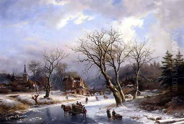 Figures Skating on a Frozen River Before a Village - view 1