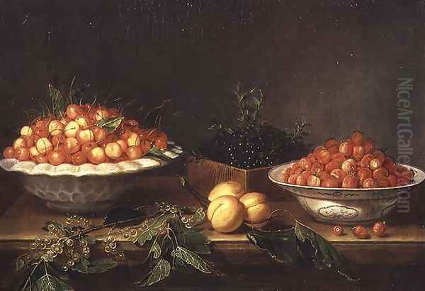 Still-life with fruit in porcelain dishes and a wooden box - view 1