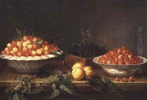 Still-life with fruit in porcelain dishes and a wooden box