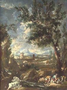 A wooded river landscape with a washerwoman and her two helpers, a monk praying in the foreground by Antonio Francesco Peruzzini
