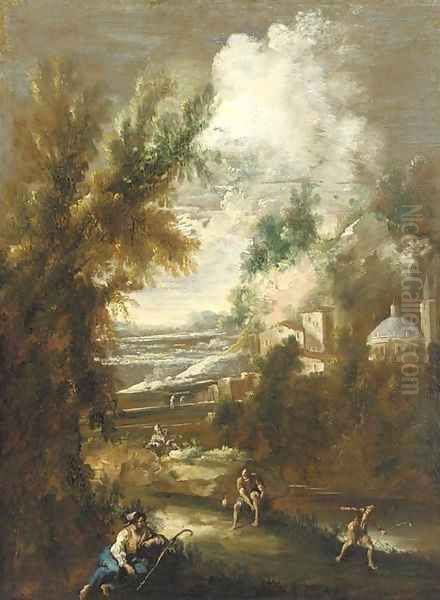 A mountainous river landscape with figures at rest before a town - view 1