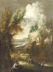 A mountainous river landscape with figures at rest before a town by Antonio Francesco Peruzzini