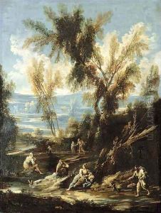 A wooded river landscape with washerwomen and other figures by Antonio Francesco Peruzzini