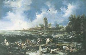 Castaways landing on the beach after the storm, a village beyond by Antonio Francesco Peruzzini