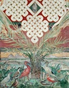 Detail of the frieze around the upper walls of the Long Gallery, showing Renaissance white vine interlace alongside birds of the eastern world