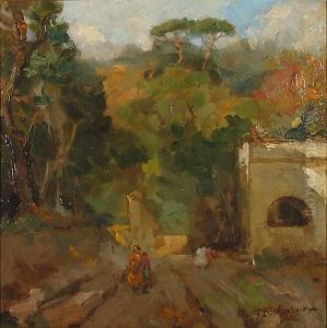 An Italian Country Scene With Figures On A Path