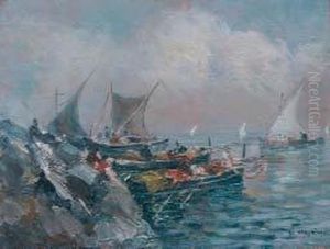Marina Con Barche E Pescatori by Francesco Marino Di
