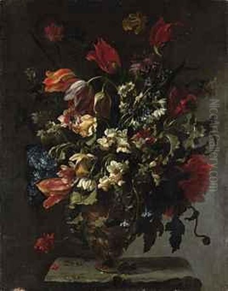 Narcissi, Daffodils, Clematis,
Tulips, Carnations And Other Flowersin An Ornamental Vase, On A Stone
Legde - view 1