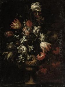 Carnations, Asters, Lilies And Morning Glory In A Sculpted Urn On Atable by Mario Nuzzi Mario Dei Fiori