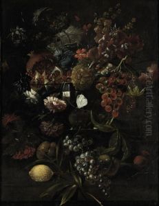 Various Flowers In A Glass Vase With Blue Grapes, Peaches And Alemon, All On A Ledge